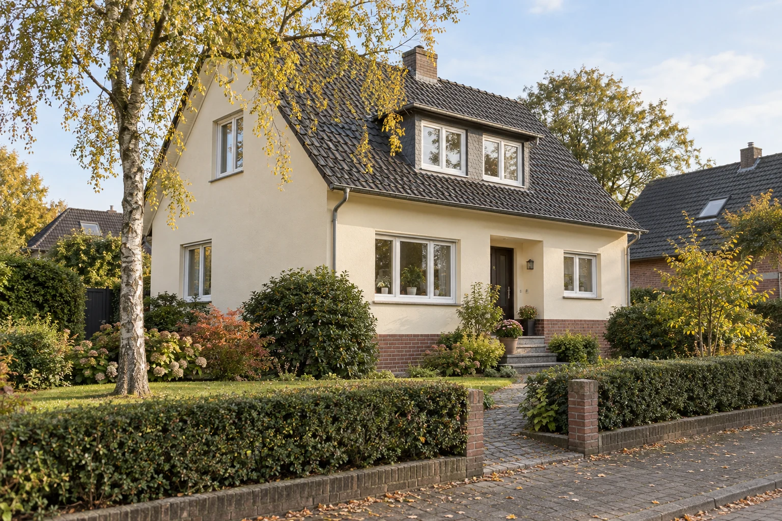 Gepflegtes hell verputztes Einfamilienhaus mit dunklem Ziegeldach, Birke und gewachsenem Vorgarten im Herbst.